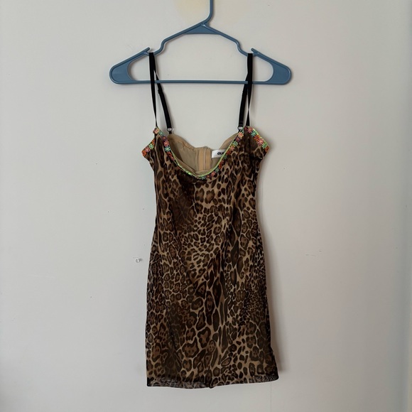 Guizio Dresses & Skirts - guizio brown cheetah leopard print bodycon mini dress with colourful floral trim